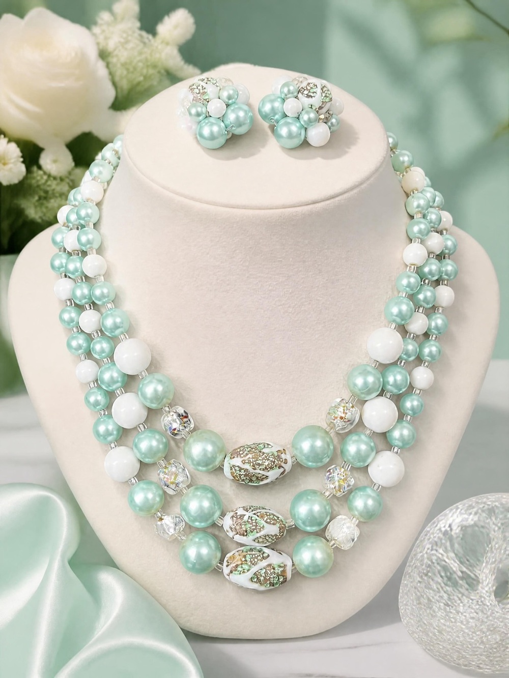 Vintage JAPAN Multi-Strand Glass Bead Necklace & Earring Set 1852